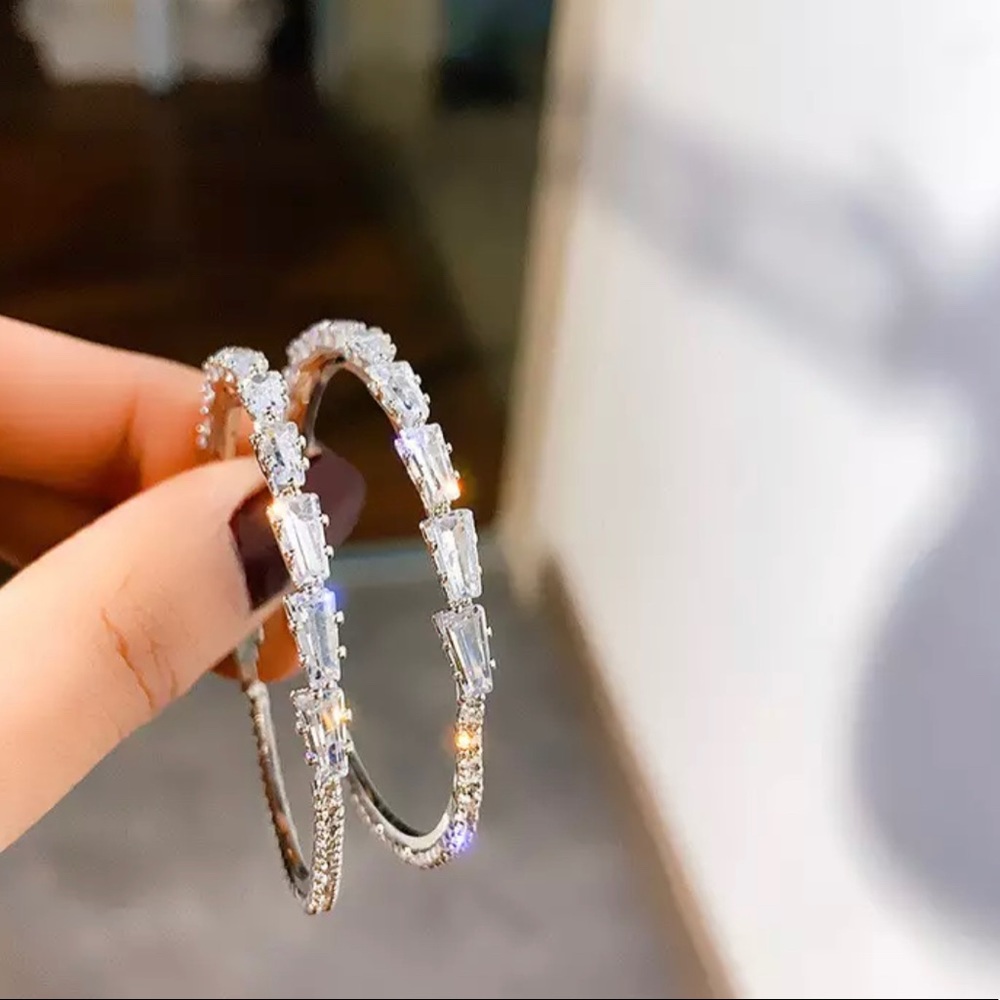 Silver Crystal Hoop Earrings - Picture 3 of 5